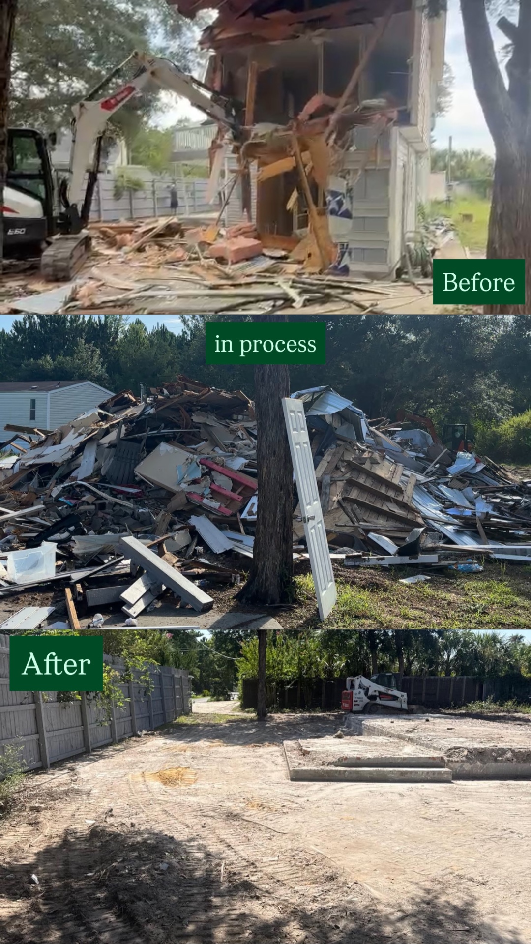 Before, during, and after photos of a mobile home demolition and debris haul-off